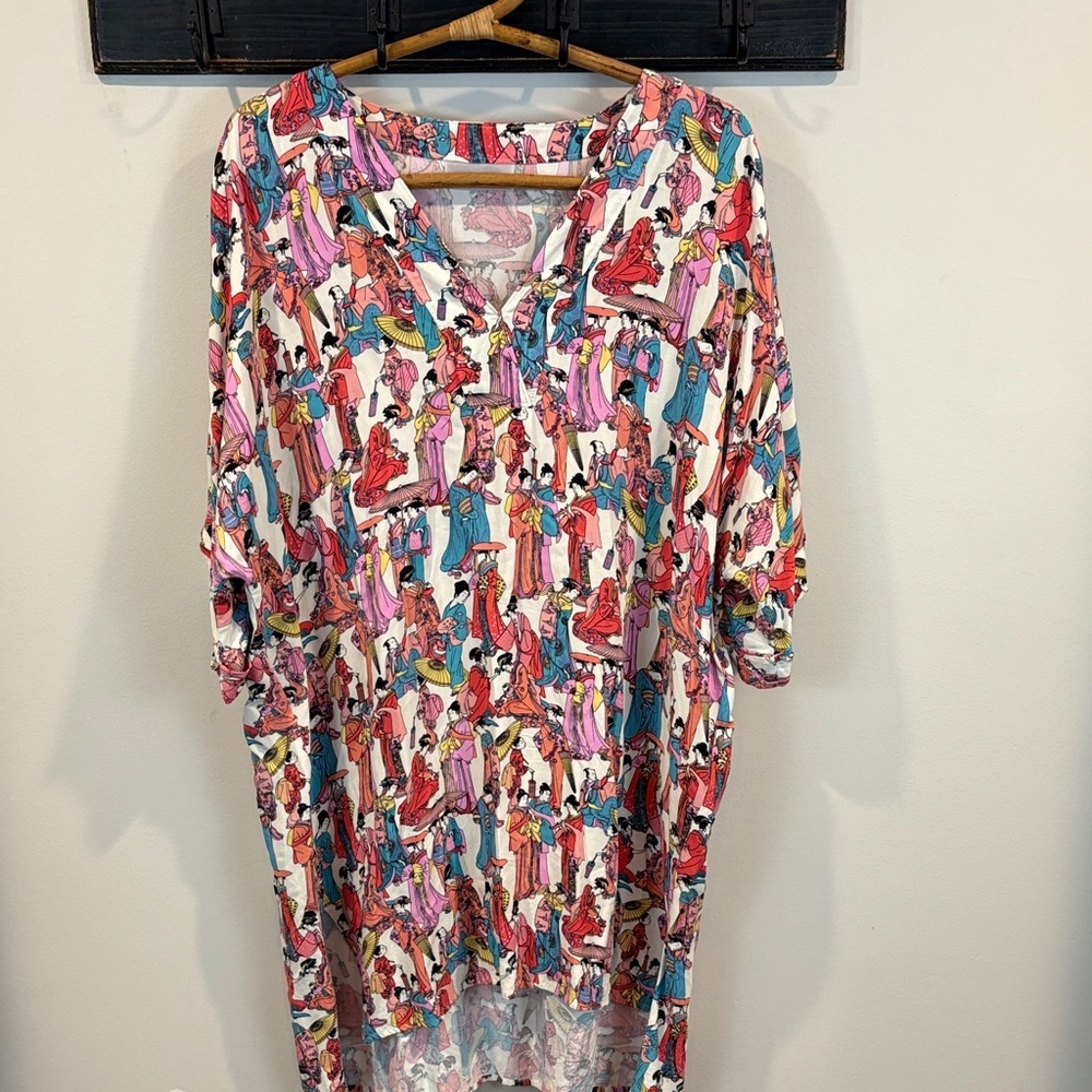 Natori Asian Geisha Scene Colorful Rayon Tunic High Low Nightgown Size Large